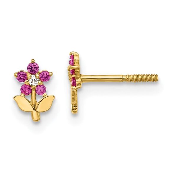 Kazi Luxury 14k Yellow Gold Dark Pink & White CZ Flower Screwback Post Earrings